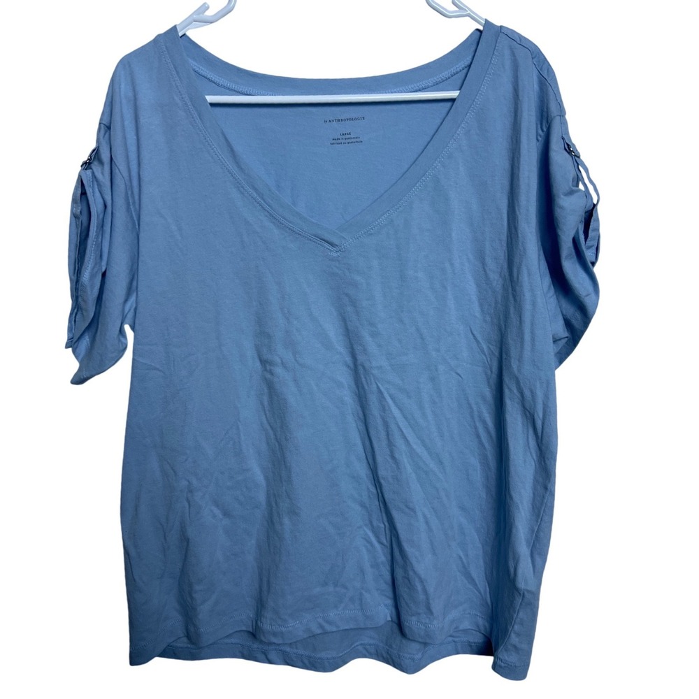 Anthropologie Light Blue V-Neck Cotton Tee D-Ring Cinched Sleeve L Coastal NWT
